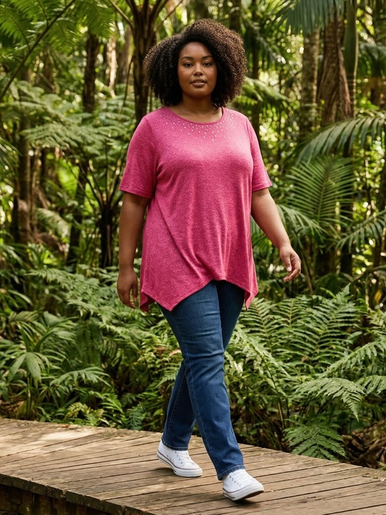 Ruby Rd. Tops - Ruby Rd Plus Size 1X Pink Embellished Handkerchief Hem Top Bling Tunic